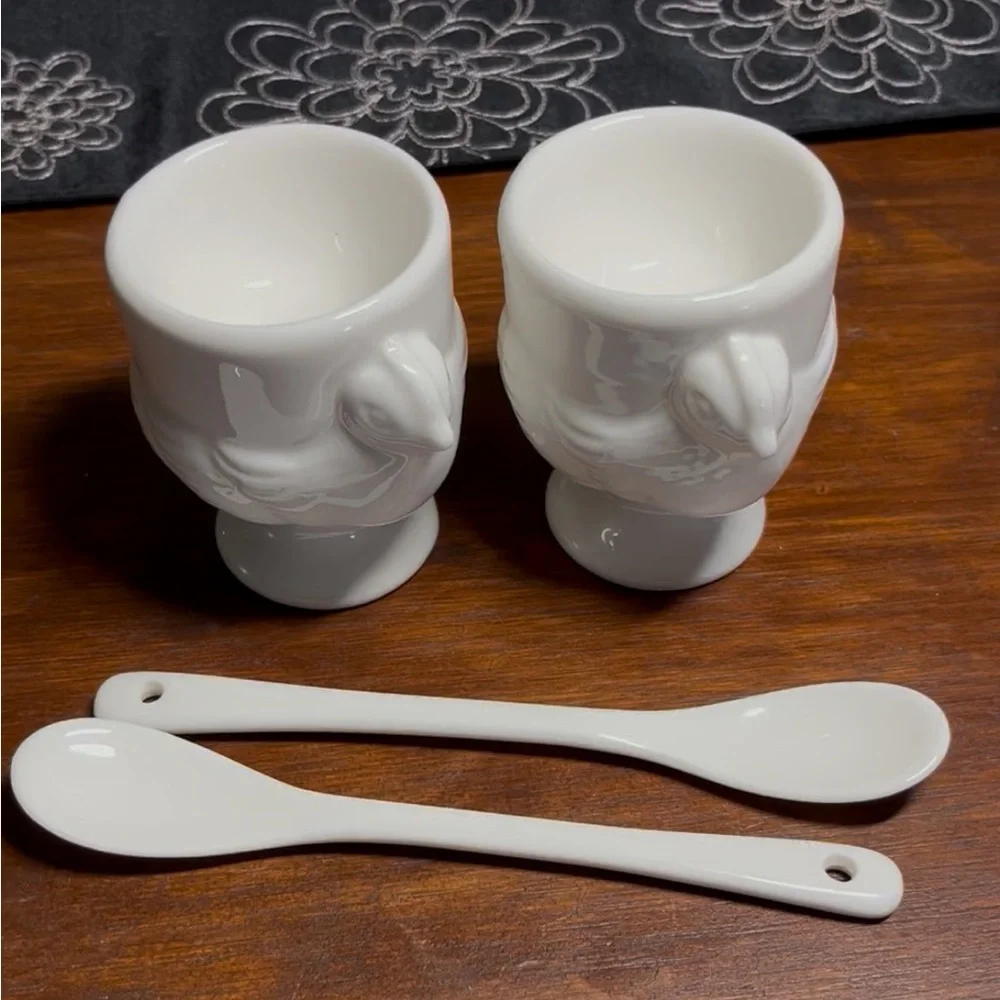 White Ceramic Egg Cups with Spoons